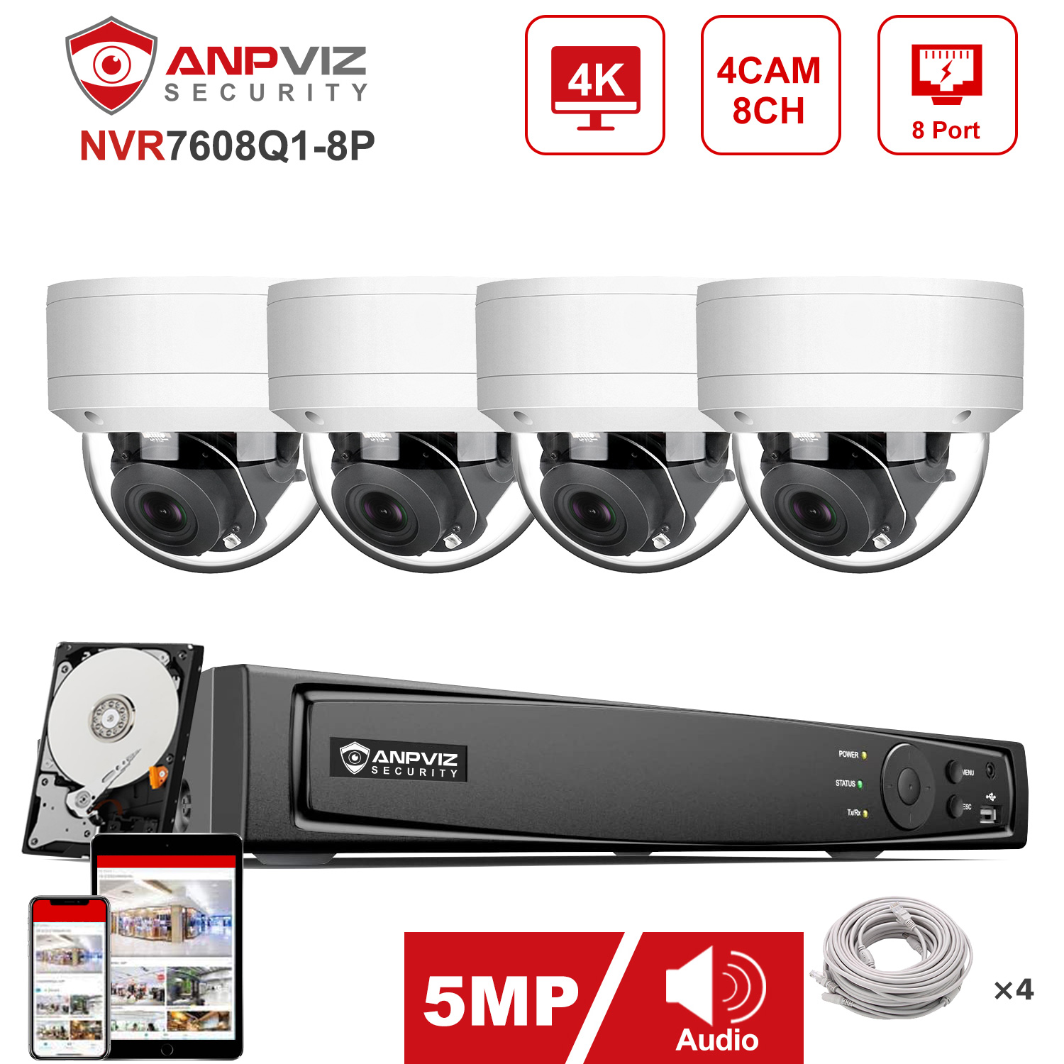 Anpviz 8CH 4K NVR 4/6/8 Uds 5M - Nvr Kit 4 Camera 5Mp Poe reseña y precio